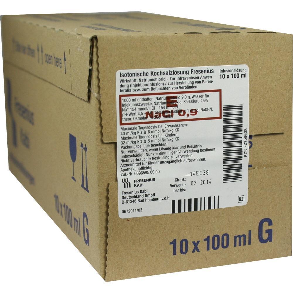 Ein brauner Karton mit Etikett f&uuml;r Kochsalzl&ouml;sung von Fresenius.