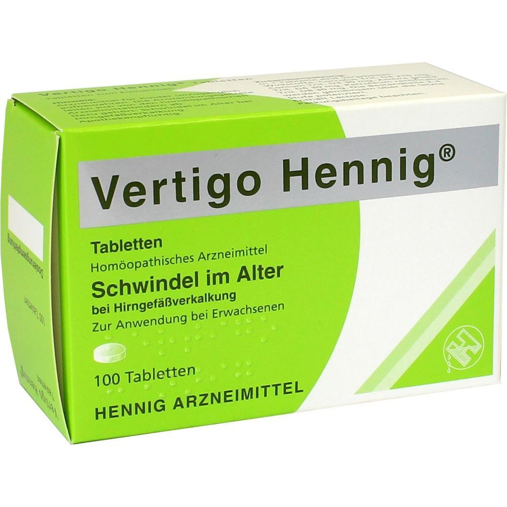 Grüne Packung mit homöopathischem Mittel gegen Schwindel im Alter, "Vertigo Hennig".
