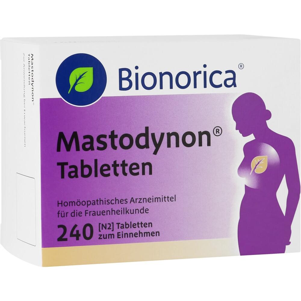 Weiße Packung von Mastodynon Tabletten zur Frauenheilkunde mit lila Silhouette einer Frau.