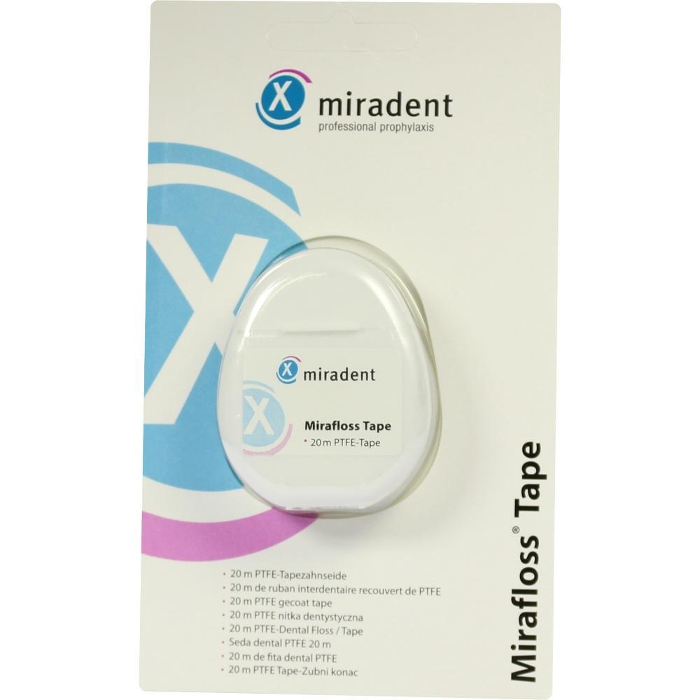 Verpackung mit Zahnseide der Marke Miradent, auf der "Mirafloss Tape" steht.