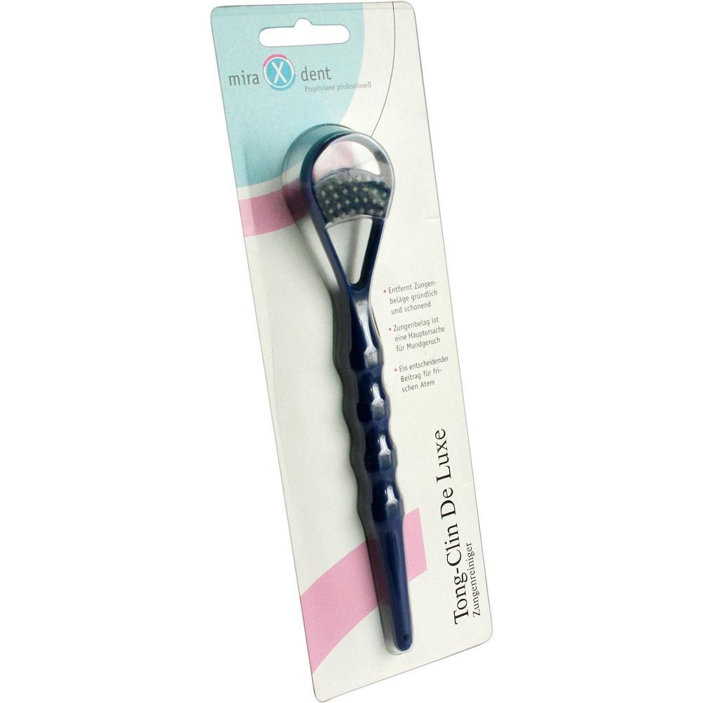 Ein Zungenreiniger in einer Verpackung mit blauem Griff.
