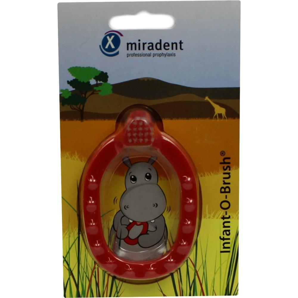 Rote Babyzahnbürste mit Nilpferdmotiv auf der Verpackung.