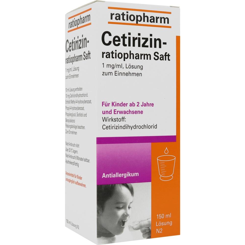 Verpackung von Cetirizin Saft von Ratiopharm, einem Antiallergikum für Kinder und Erwachsene.