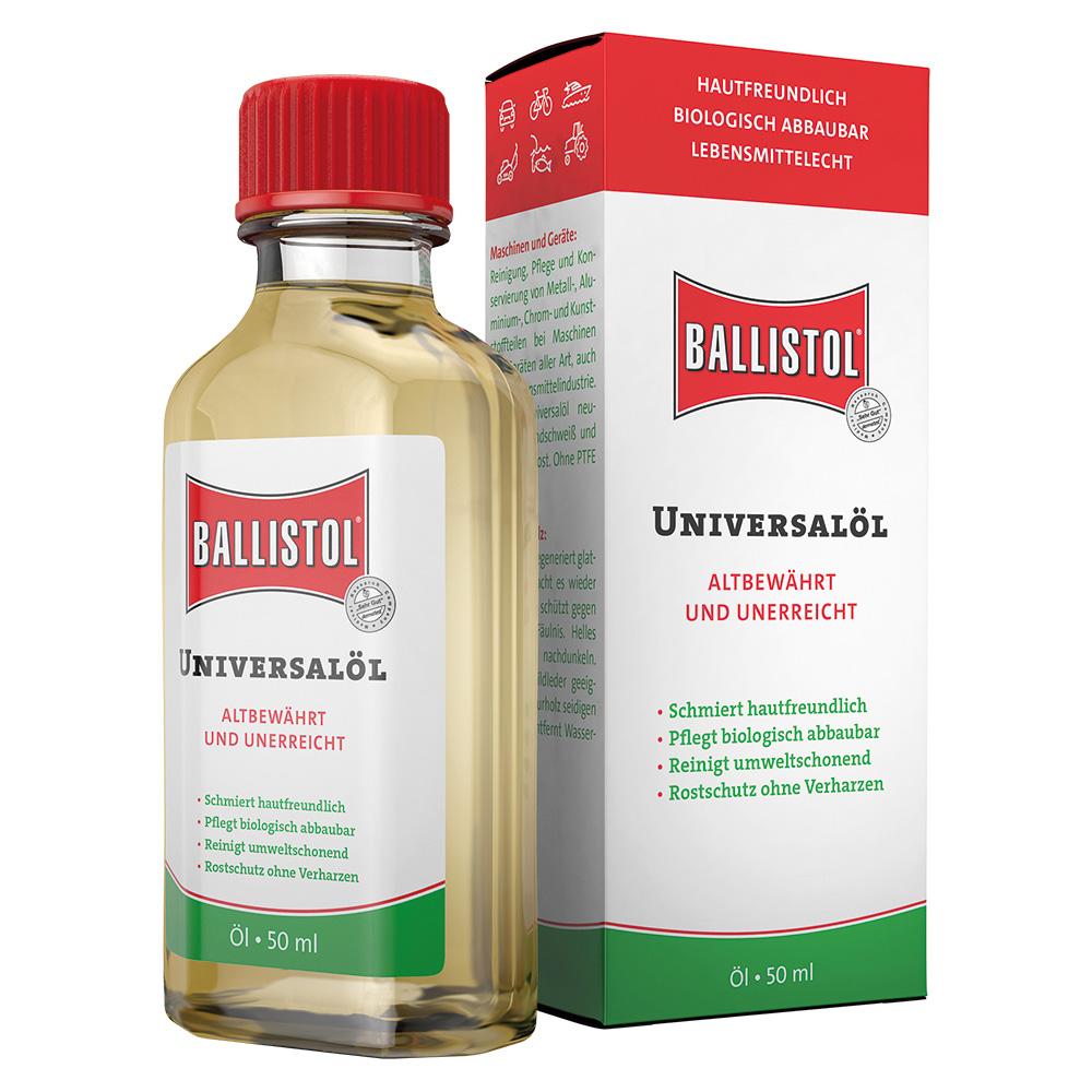 Eine Flasche Ballistol Universalöl mit passender Verpackung.