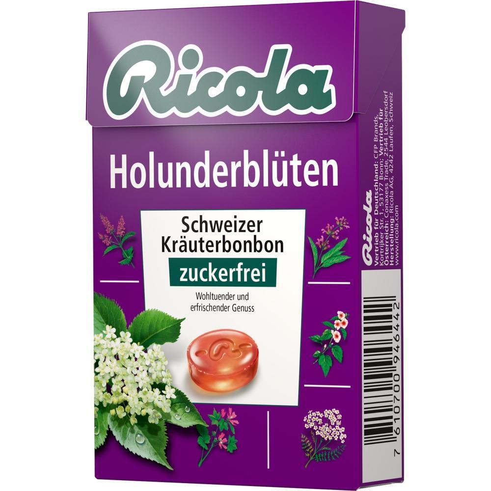 Lila Schachtel mit Holunderblüten-Bonbons, zuckerfrei und erfrischend.