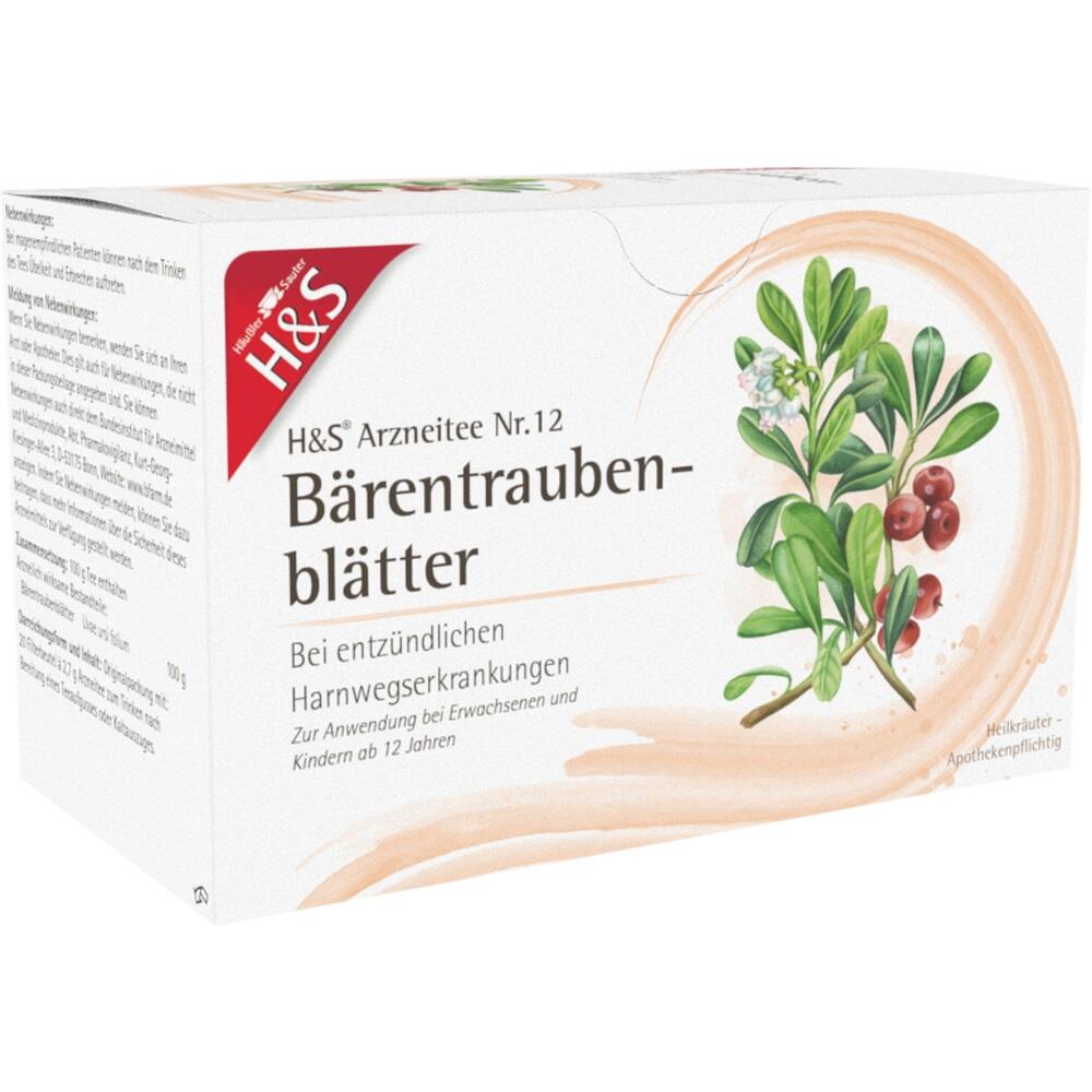 Verpackung von H&S Bärentraubenblätter-Arzneitee gegen entzündliche Harnwegserkrankungen.