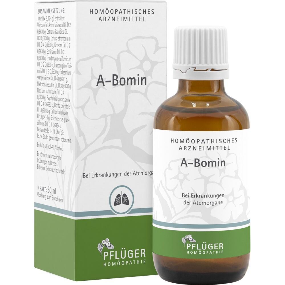 Braune Flasche und Schachtel mit der Aufschrift "A-Bomin", ein homöopathisches Mittel.