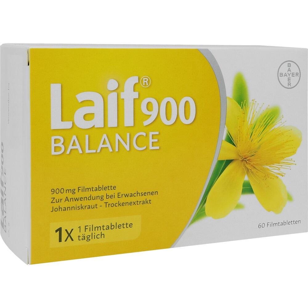 Eine gelbe Packung von Laif 900 Balance mit Johanniskraut-Abbildung.