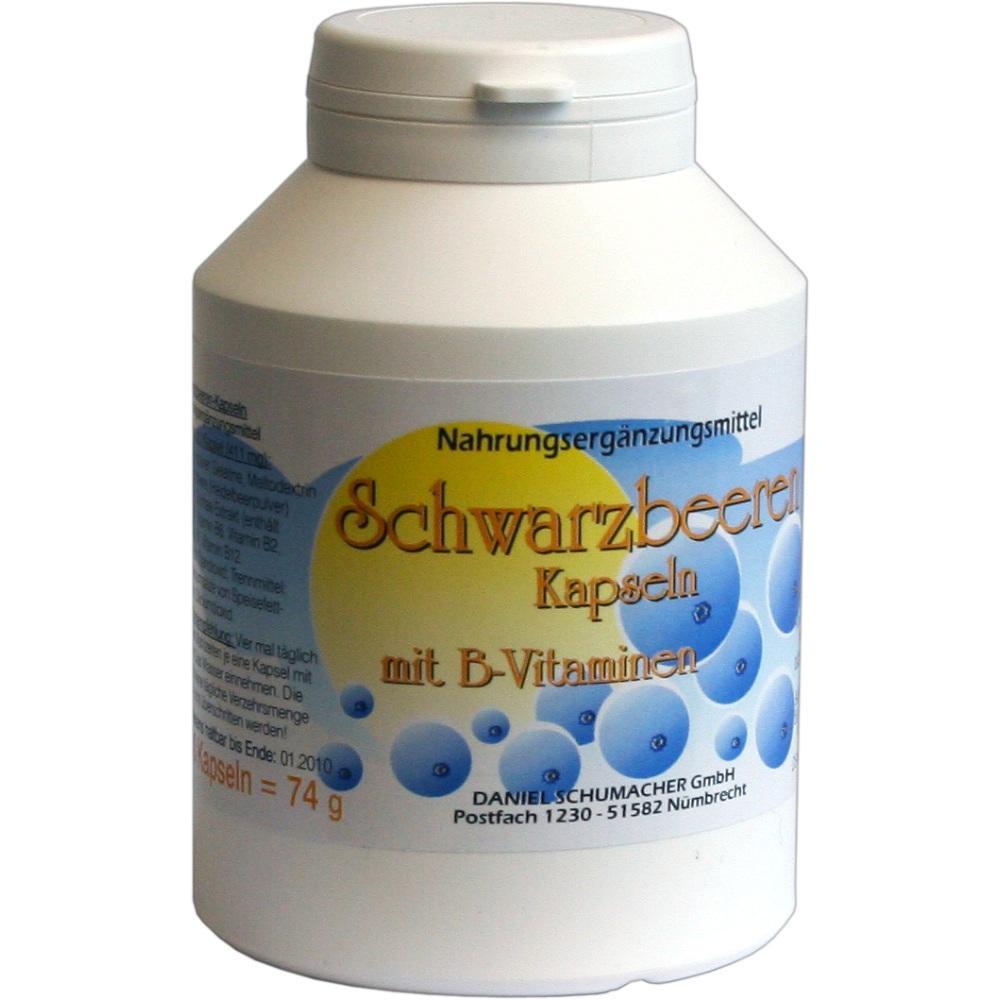 Eine Plastikflasche mit Schwarzbeeren-Kapseln und B-Vitaminen.