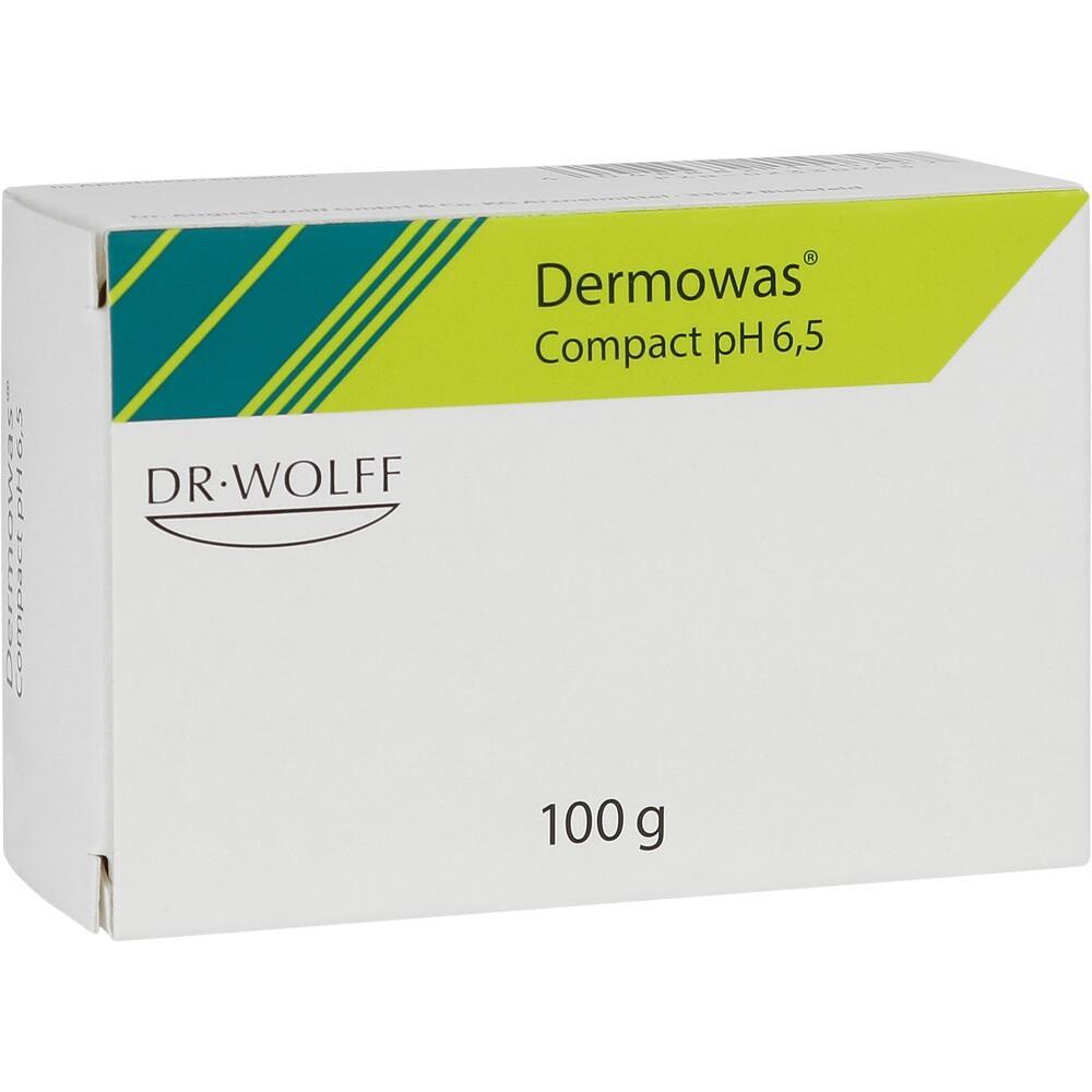 Weiße Schachtel mit der Aufschrift "Dermowas Compact pH 6,5" und "DR. WOLFF", 100 Gramm.