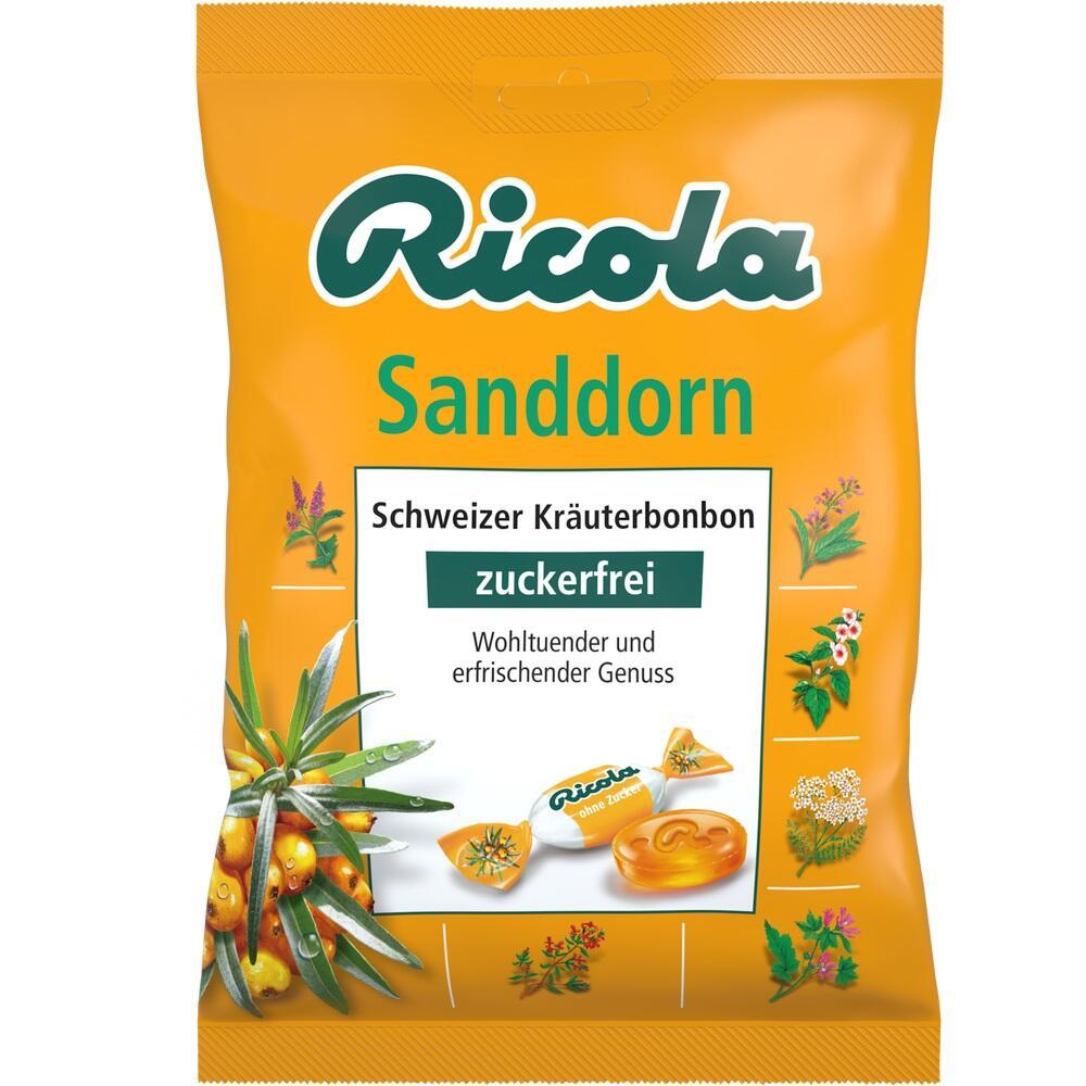 Eine orange Tüte mit zuckerfreien Sanddorn-Kräuterbonbons von Ricola.