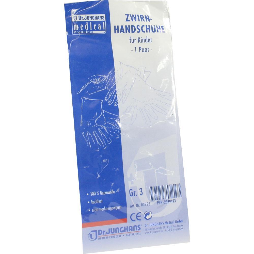 Das Bild zeigt eine Verpackung von Zwirn-Handschuhen für Kinder in Größe 3.