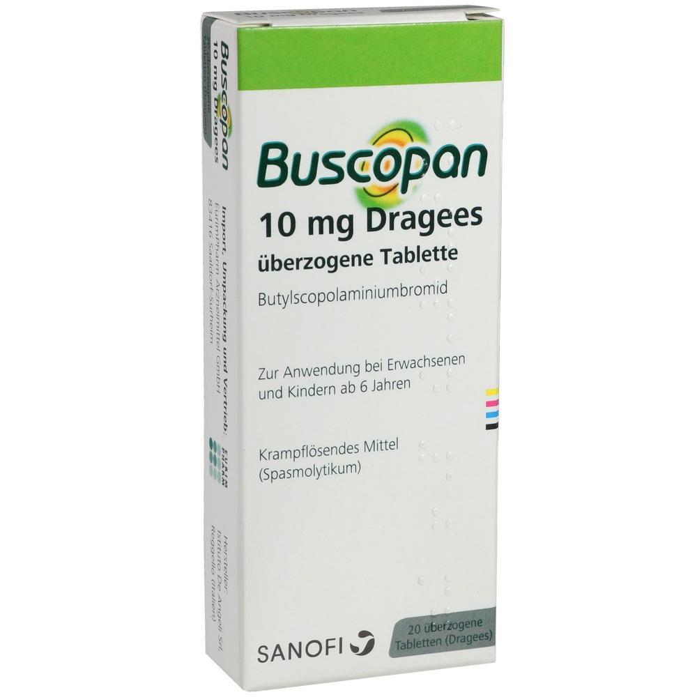 Packung von Buscopan 10 mg Dragees f&uuml;r Krampflinderung ab 6 Jahren.