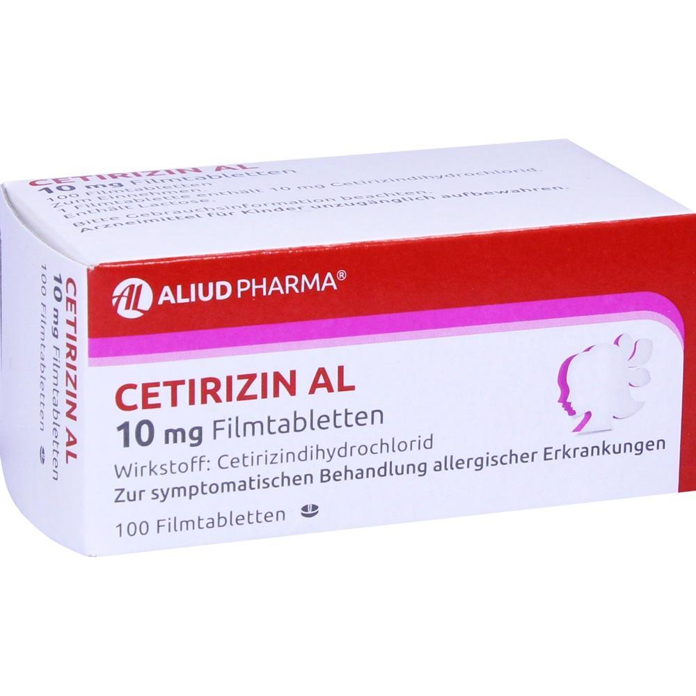 Eine Packung Cetirizin AL 10 mg Filmtabletten gegen Allergien.