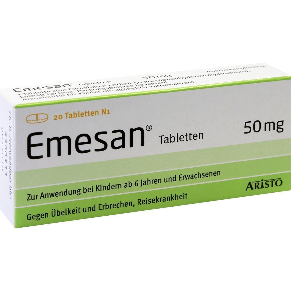 Eine Packung Emesan-Tabletten gegen Übelkeit und Erbrechen für Kinder und Erwachsene.