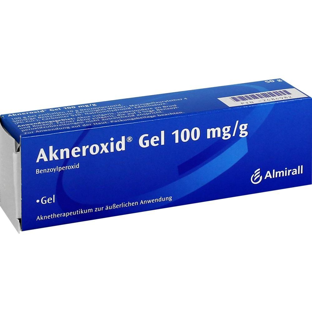 Blaue Schachtel mit Akneroxid Gel zur äußerlichen Anwendung bei Akne.
