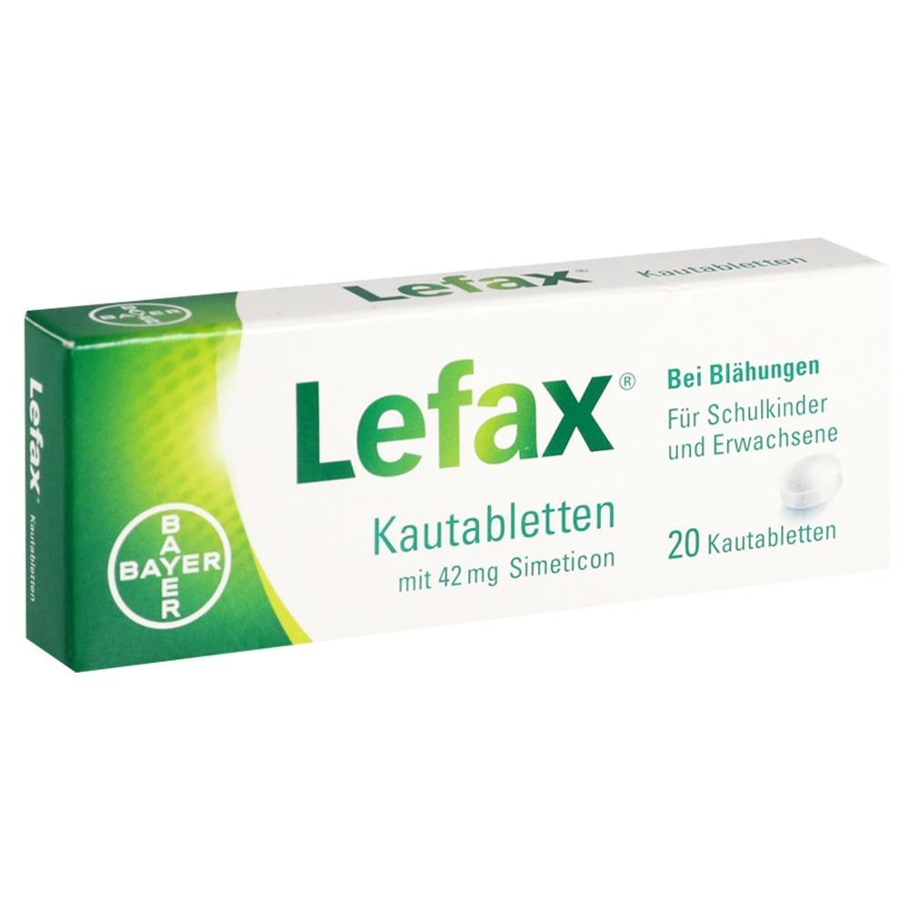 Eine Packung Lefax Kautabletten gegen Blähungen für Schulkinder und Erwachsene.