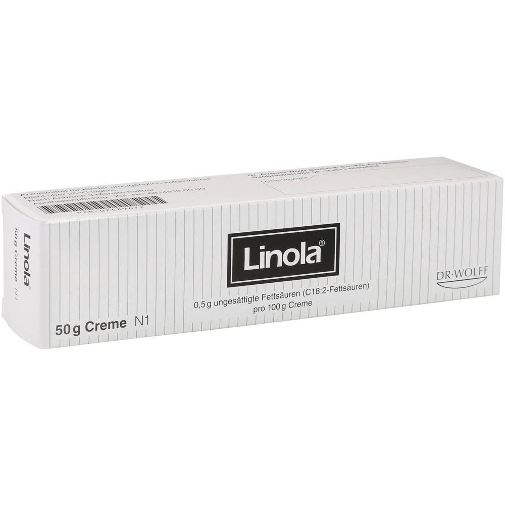 Eine weiße Cremeverpackung mit der Aufschrift "Linola" und Details zur Creme.