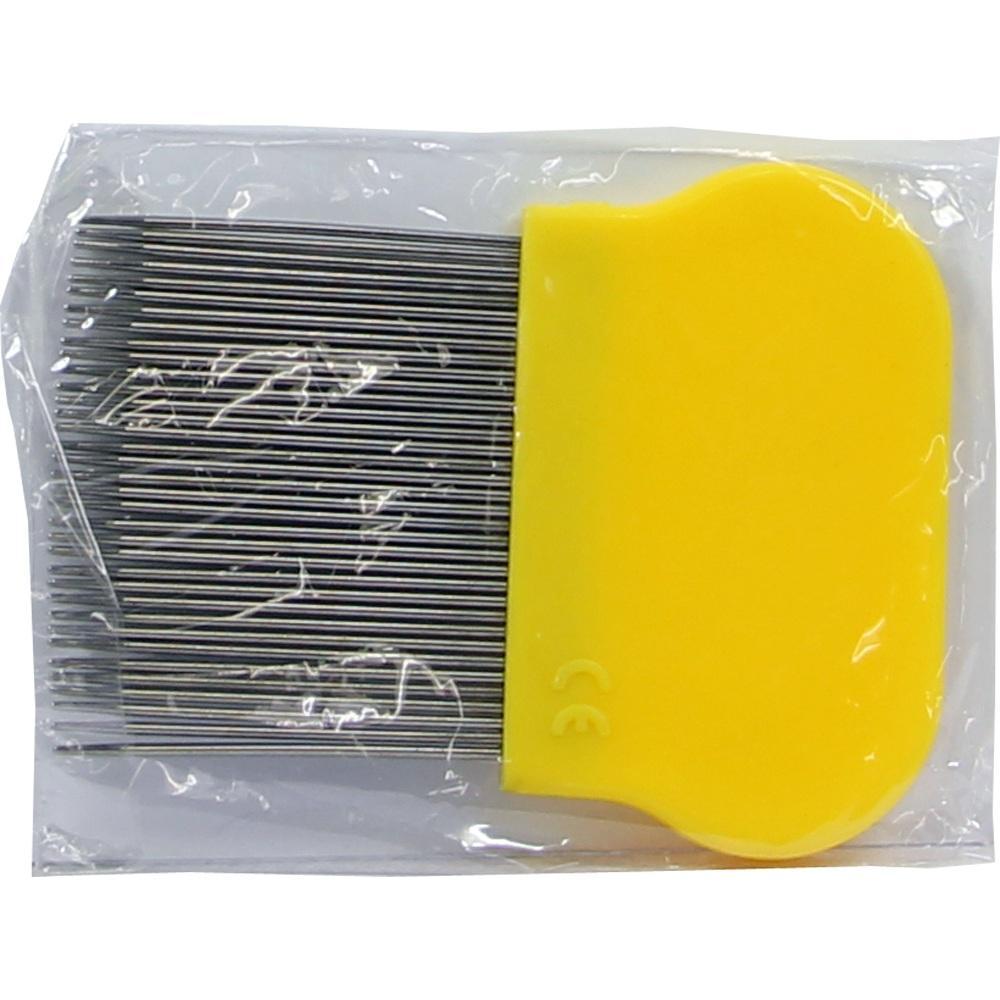 Ein gelber Kamm mit vielen feinen Metallzinken in einer Plastikh&uuml;lle.
