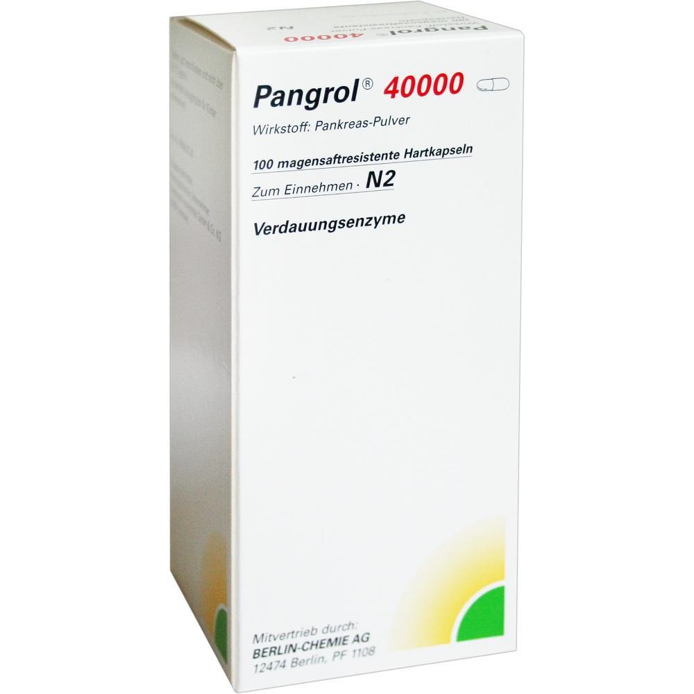 Wei&szlig;e Packung mit der Aufschrift "Pangrol 40000", Verdauungsenzyme in Kapseln.