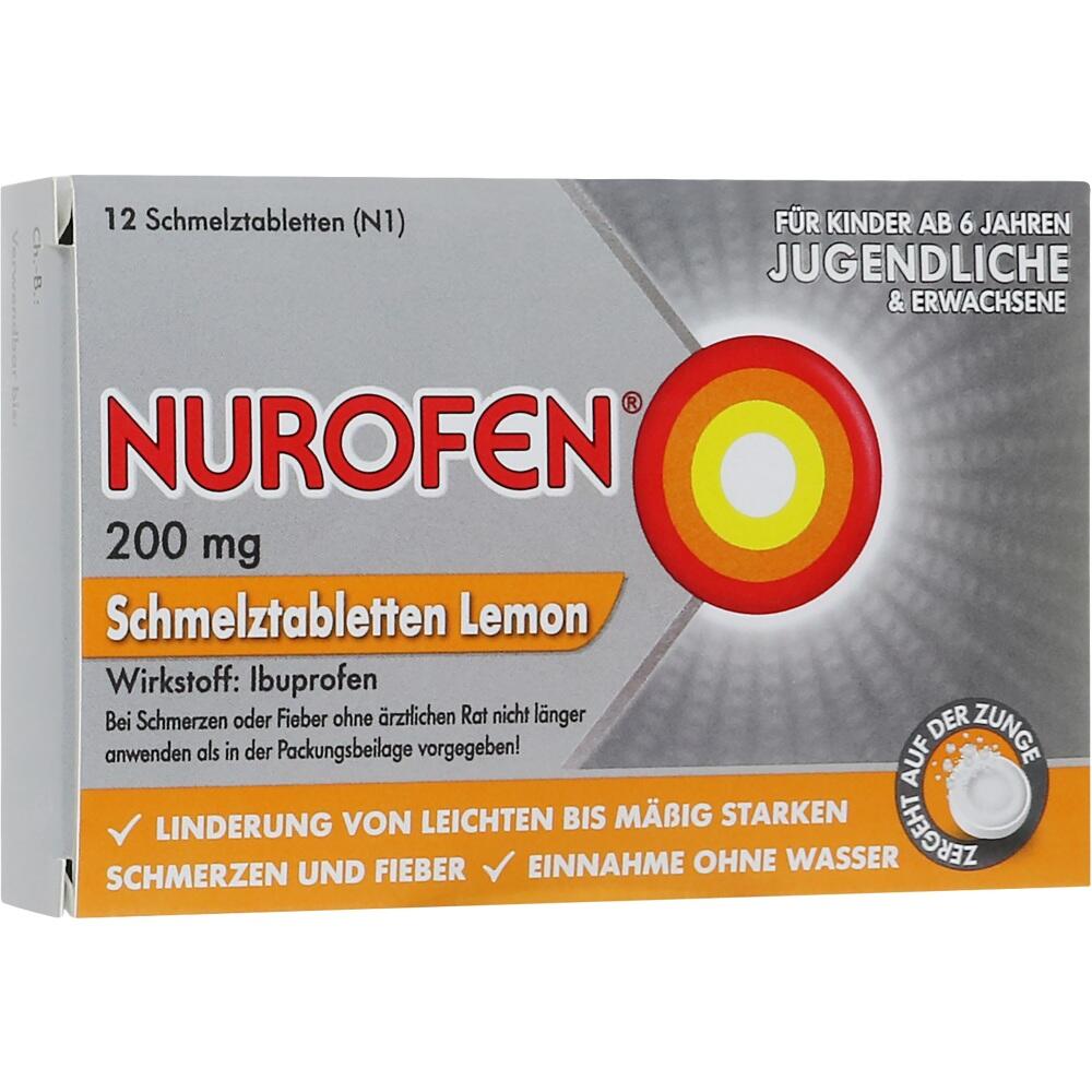 Packung Nurofen Schmelztabletten Lemon gegen Schmerzen und Fieber, 12 Tabletten, 200 mg Ibuprofen.