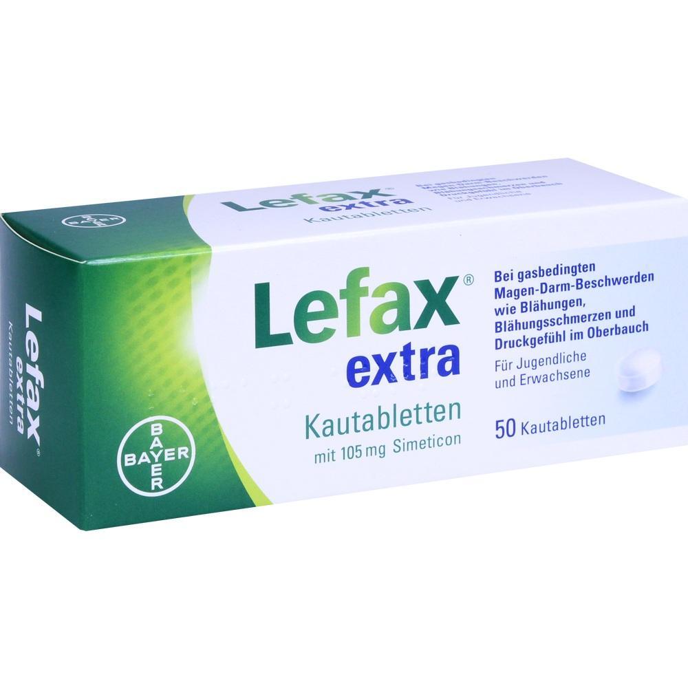 Eine Schachtel Lefax extra Kautabletten gegen Blähungen.