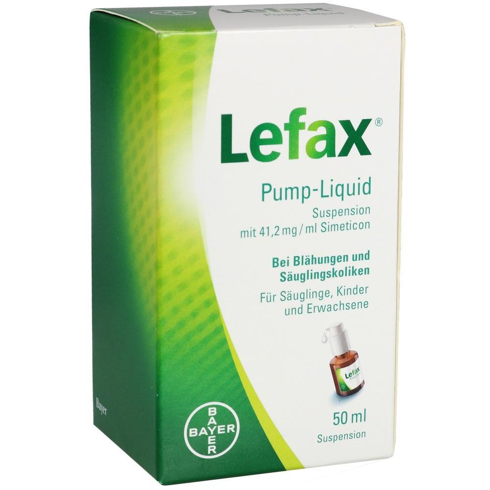 Verpackung von Lefax Pump-Liquid zur Linderung von Blähungen, 50 ml Flasche.