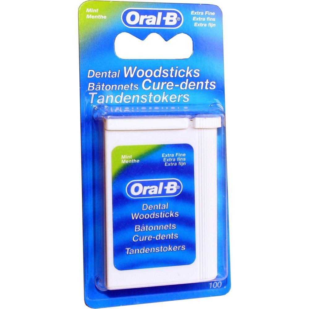 Verpackung mit Zahnstocher aus Holz der Marke Oral-B, mit Minzgeschmack.