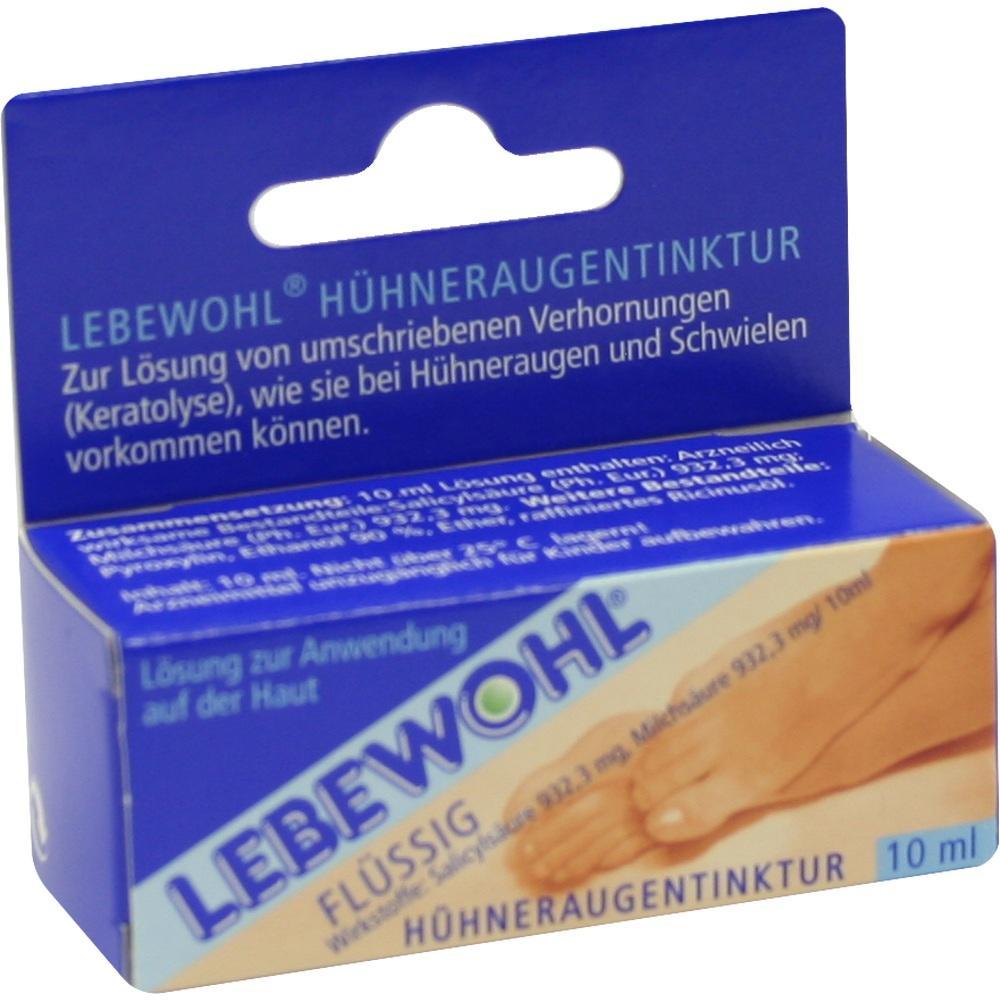 Eine blaue Schachtel der "Lebewohl Hühneraugentinktur" für die Hautpflege.