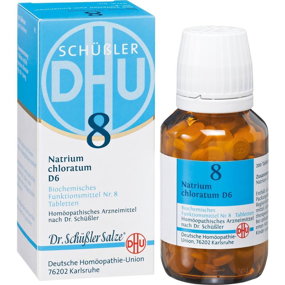 Eine Packung und ein Fläschchen mit Natrium chloratum D6 Tabletten.