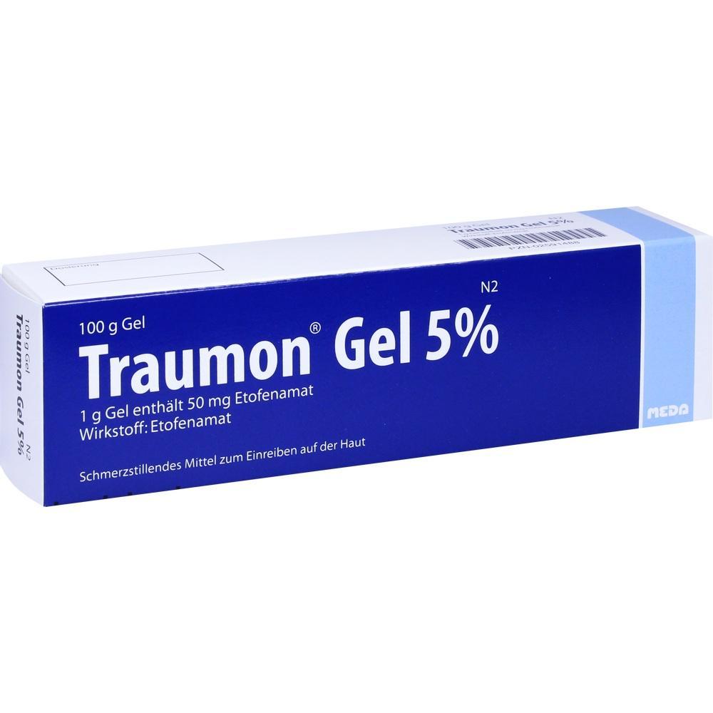 Eine blaue Packung mit Schmerzgel namens Traumon Gel 5%.