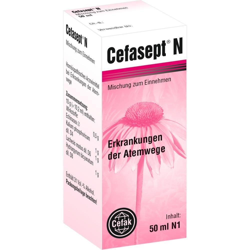 Weiße Medikamentenverpackung mit rosa Blume, für Atemwegserkrankungen, genannt Cefasept N.