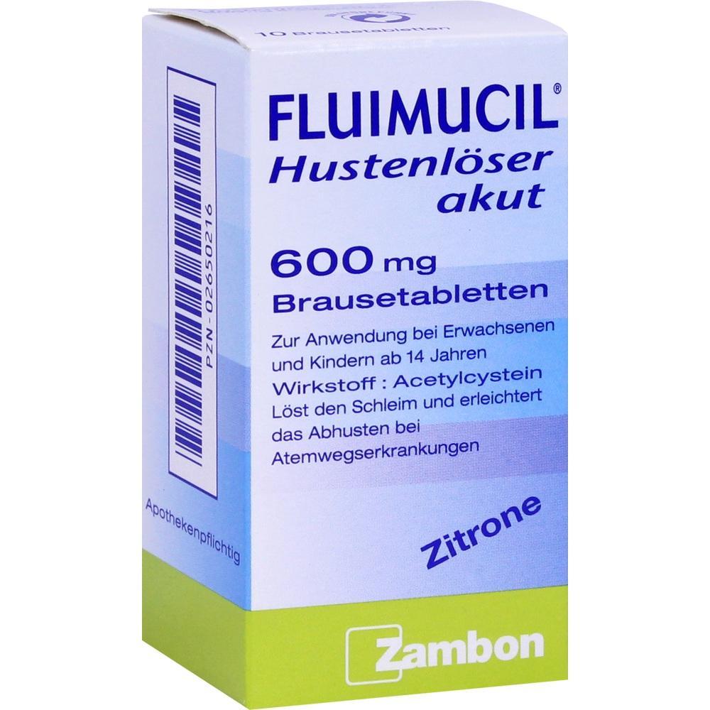 Eine Schachtel mit Hustenlöser-Brausetabletten namens Fluimucil.