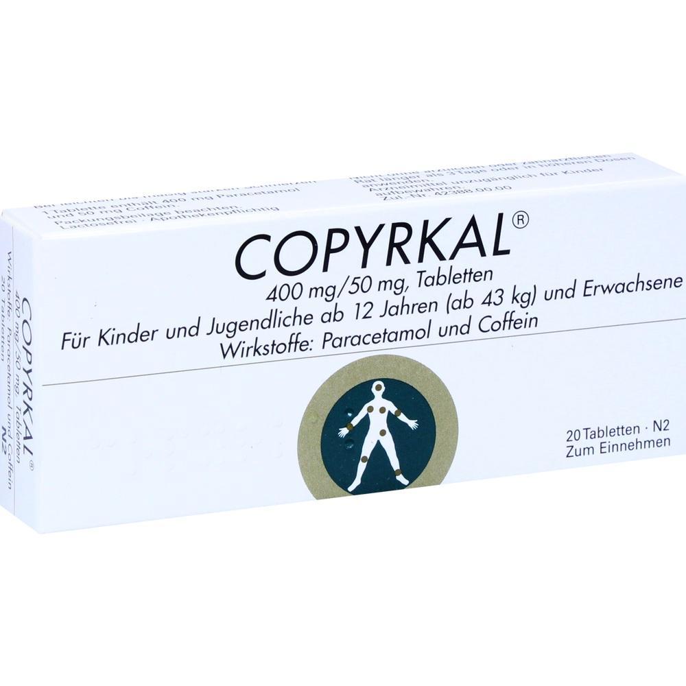 Eine Medikamentenpackung mit der Aufschrift "Copyrkal" und Dosierungsanleitung.
