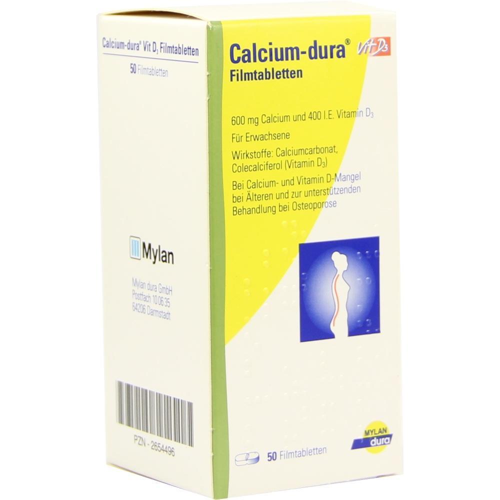 Eine Packung Calcium-dura Filmtabletten zur Unterstützung von Knochen und Vitamin D-Mangel.