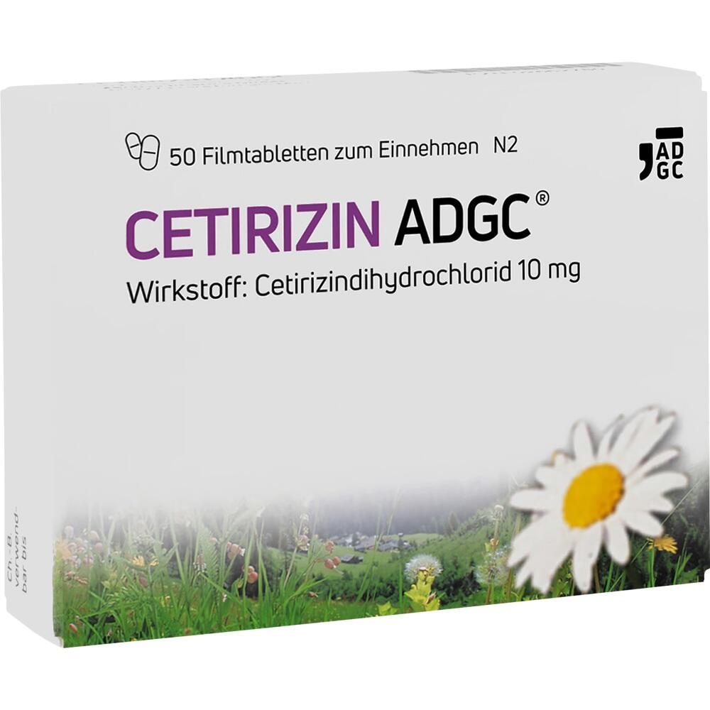 Eine Medikamentenverpackung für Cetirizin ADGC mit einer Blume auf der Vorderseite.