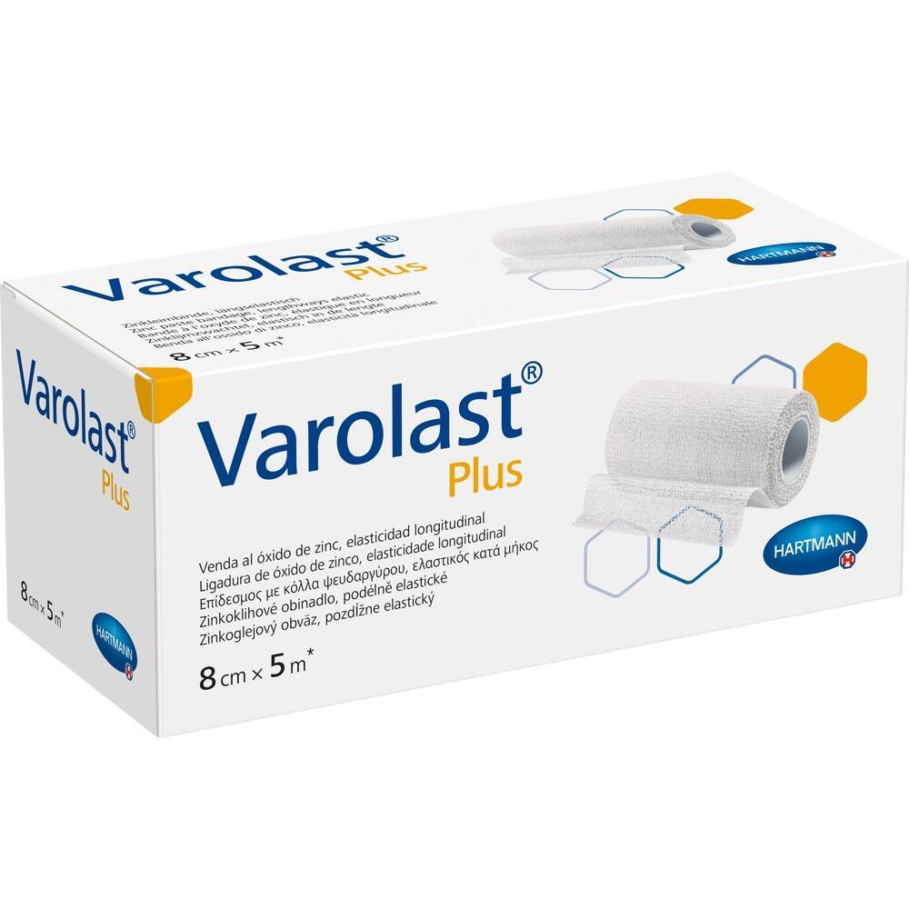 Ein wei&szlig;er Karton zeigt eine Rolle elastischer Binde namens Varolast Plus.