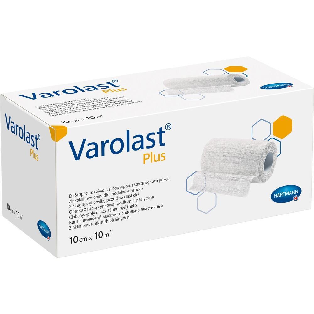 Eine Box mit einer Rolle elastischem Verband namens Varolast Plus.