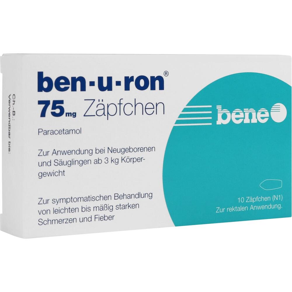 Schachtel mit 75 mg Z&auml;pfchen f&uuml;r S&auml;uglinge zur Behandlung von Schmerzen und Fieber.
