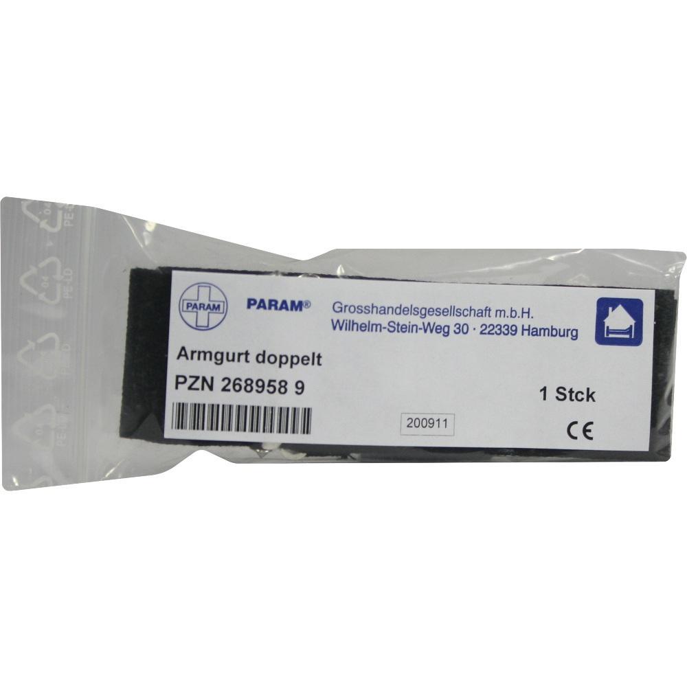 Ein verpackter doppelter Armgurt mit Etikett und Barcode.