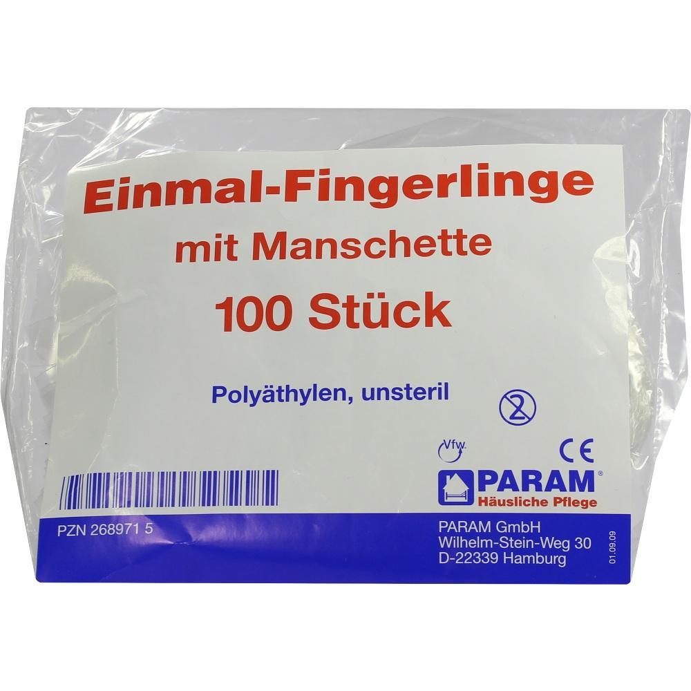 Eine Packung mit 100 Einmal-Fingerlingen aus Polyethylen.