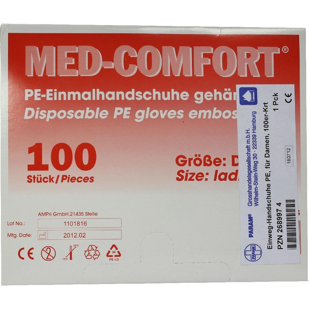 Verpackung mit 100 Einmalhandschuhen aus PE in Damengröße.