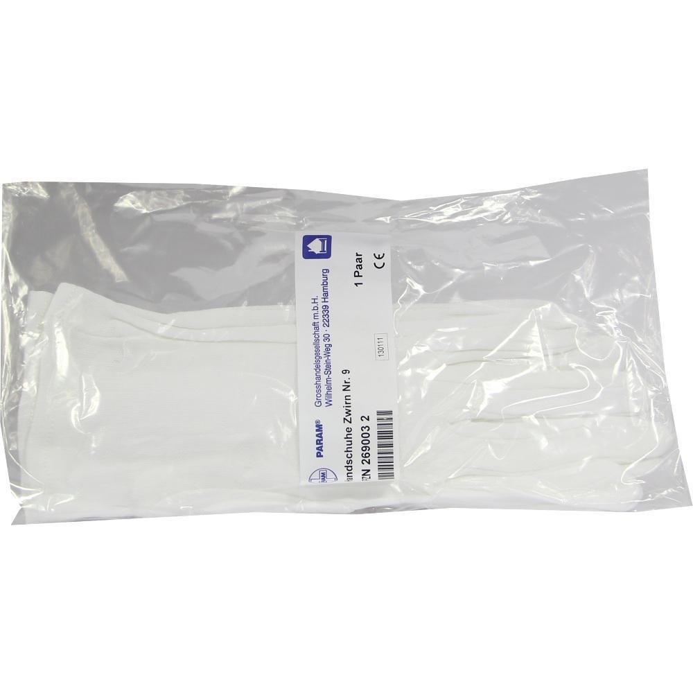 Ein Paar weiße Handschuhe in einer transparenten Plastikverpackung.