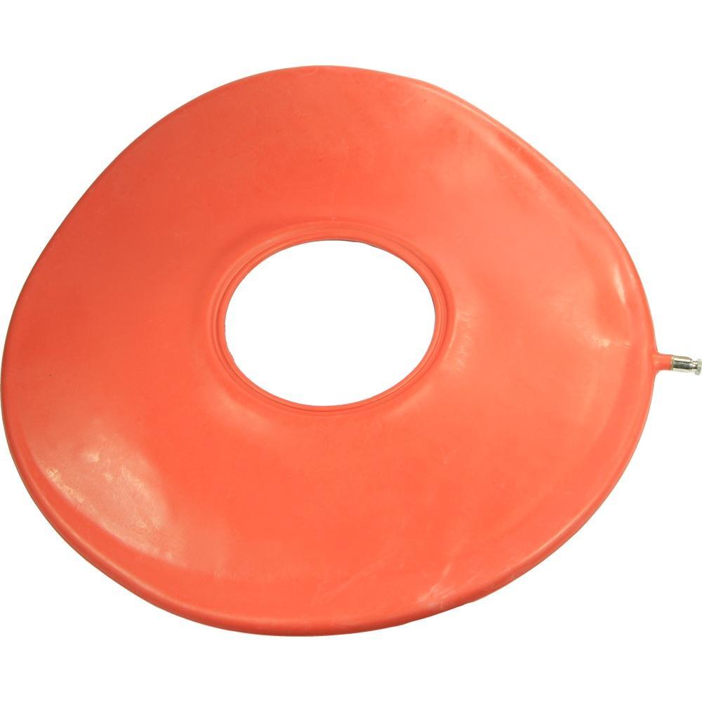 Ein rotes, aufblasbares Sitzkissen mit Loch in der Mitte.