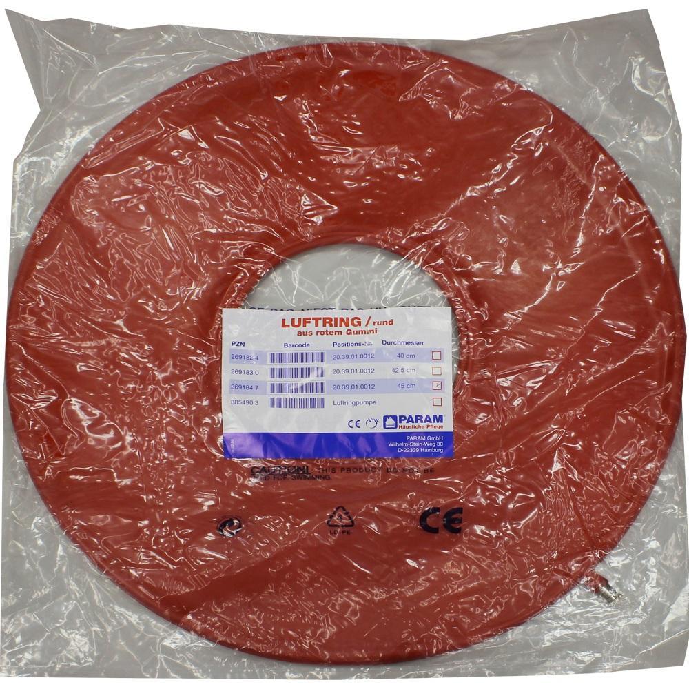 Roter Luftkissenring in Plastikverpackung mit Etikett.