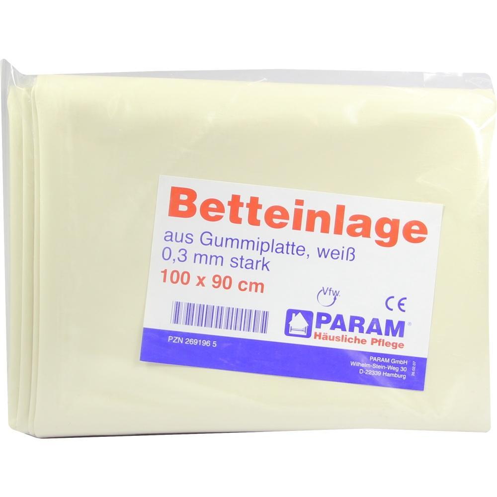 Eine weiße Gummiplatte als Betteinlage, 100 x 90 cm groß.