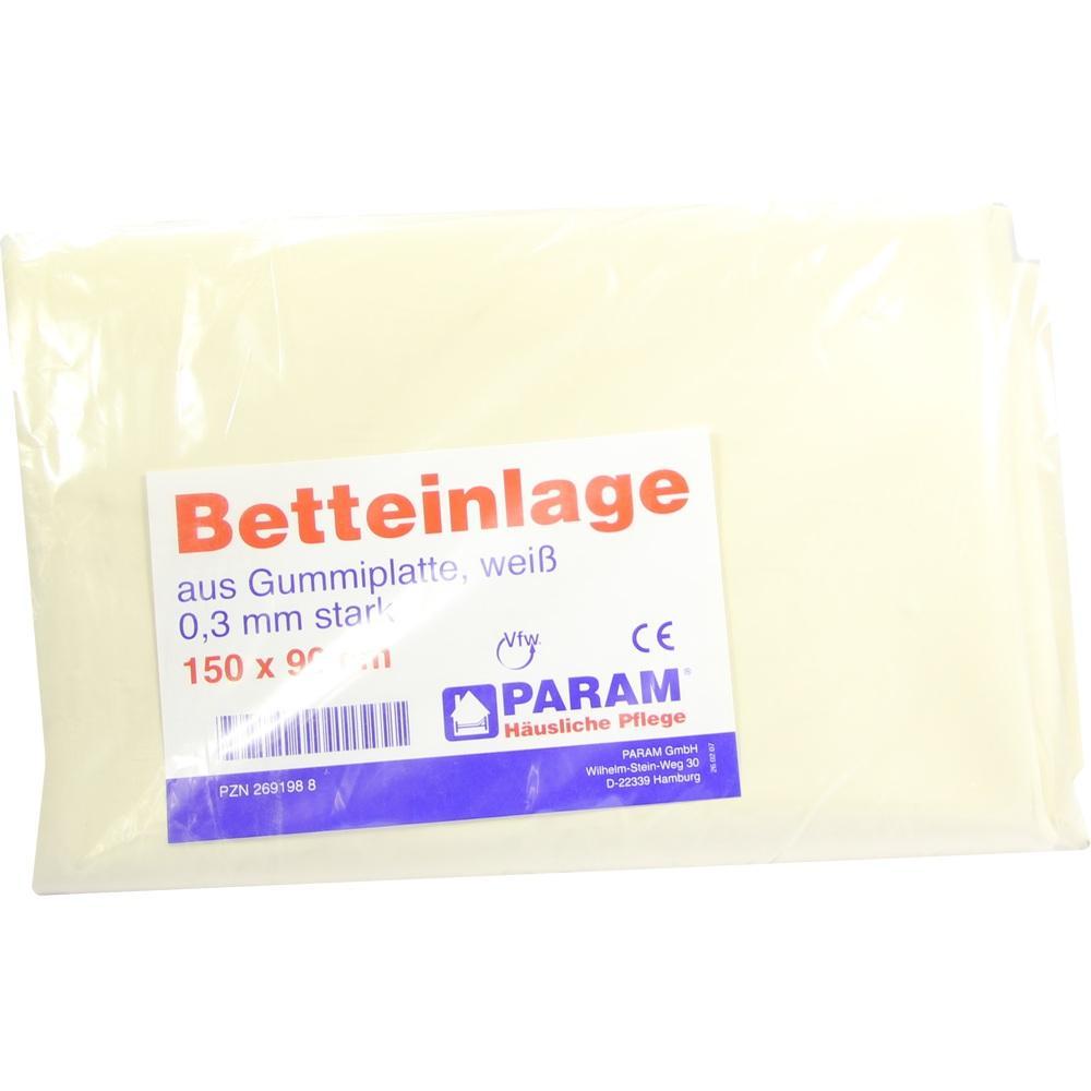 Eine weiße Betteinlage aus Gummi wird in einer Plastikverpackung gezeigt.