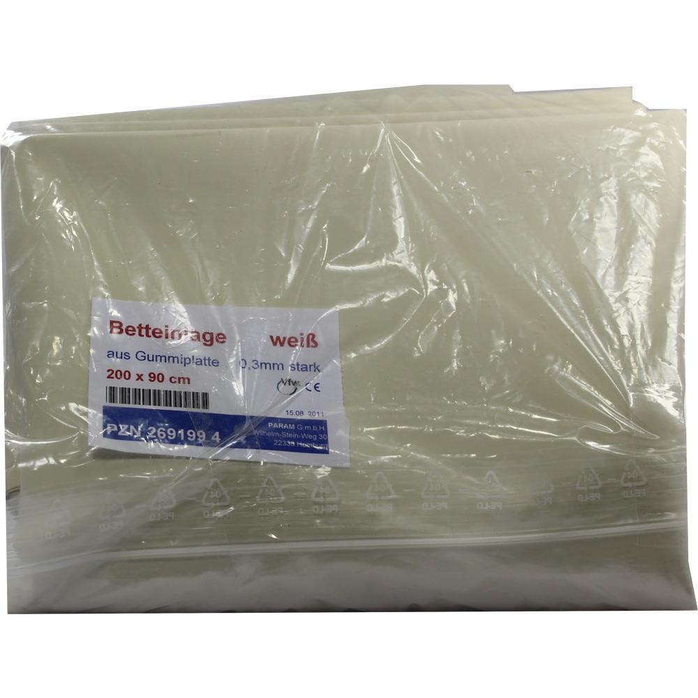 Plastikverpackung mit Bettunterlage aus Gummiplatte, weiß, 200 x 90 cm.