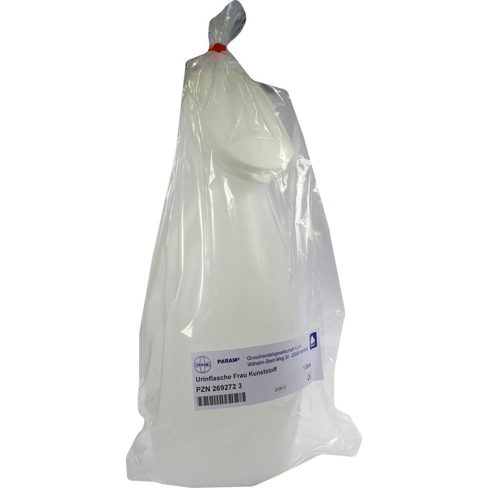 Eine weiße Urinflasche in Plastik verpackt.