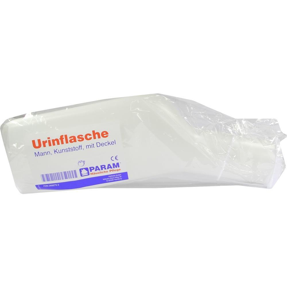 Plastik-Urinflasche für Männer in einer durchsichtigen Verpackung.